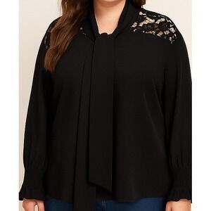 SHEIN Curve Womens 2XL Black Lace Insert Long Sleeve Blouse Plus Sz Elegant Lq